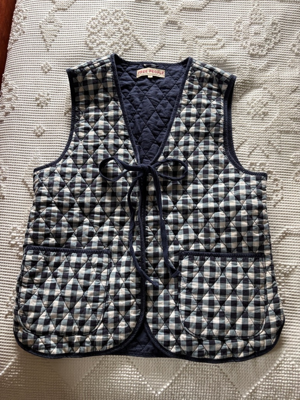 Free People Claudine Navy & White Quilted Tie-Front Vest